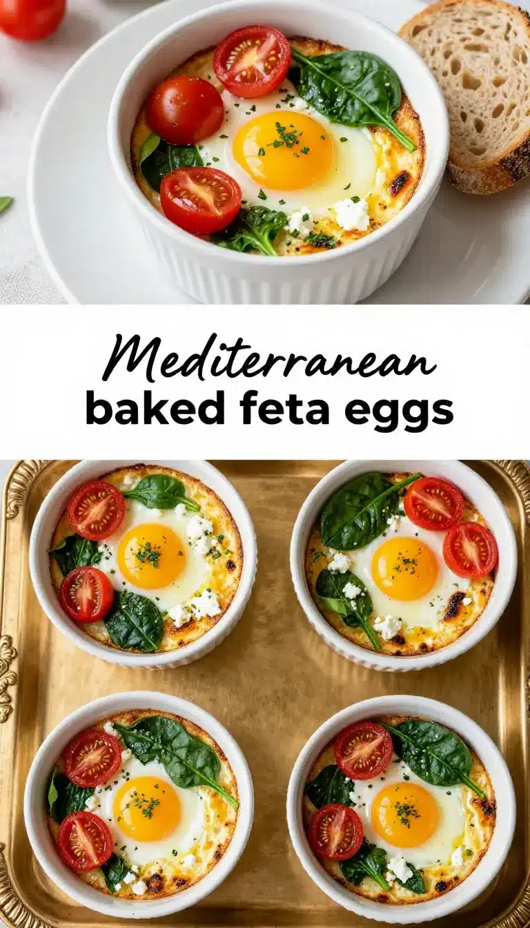 Mediterranean Baked Feta Eggs 5 A close-up of Mediterranean baked feta eggs served in a skillet with fresh herbs and vegetables.