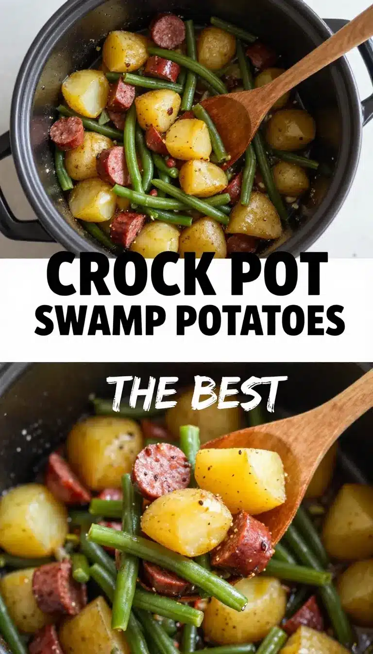 Close-up of swamp potatoes cooking in a crock pot with herbs and spices.