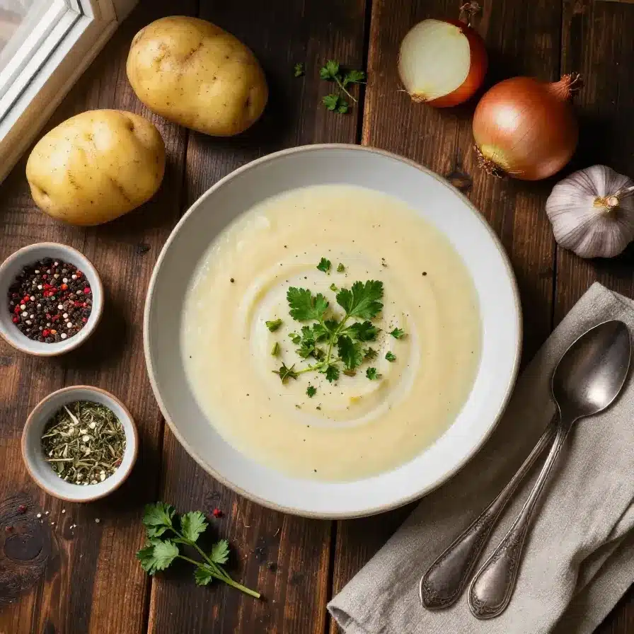 A bowl of creamy potato soup garnished with shredded cheese, bacon bits, and green onions.