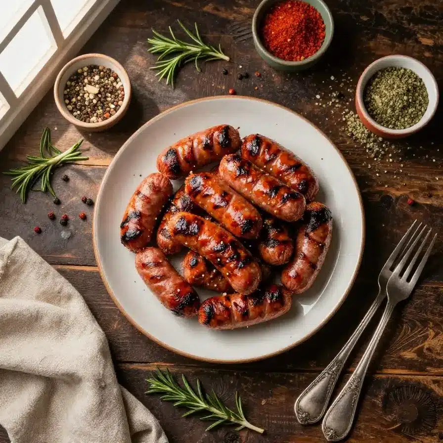 Close-up of BBQ sausage bites served on a wooden platter with dipping sauce.