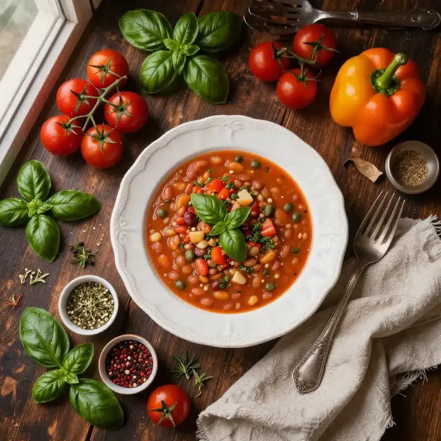 A bowl of classic minestrone soup with fresh vegetables and herbs.