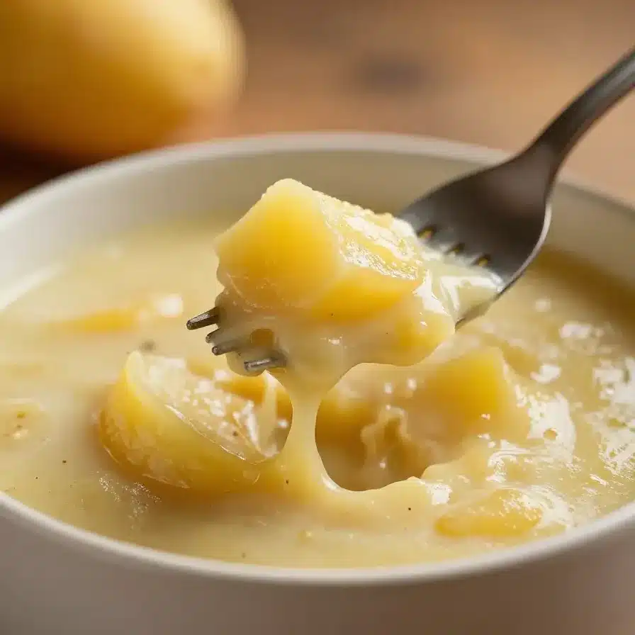 A bowl of creamy potato soup garnished with shredded cheese, bacon bits, and green onions.