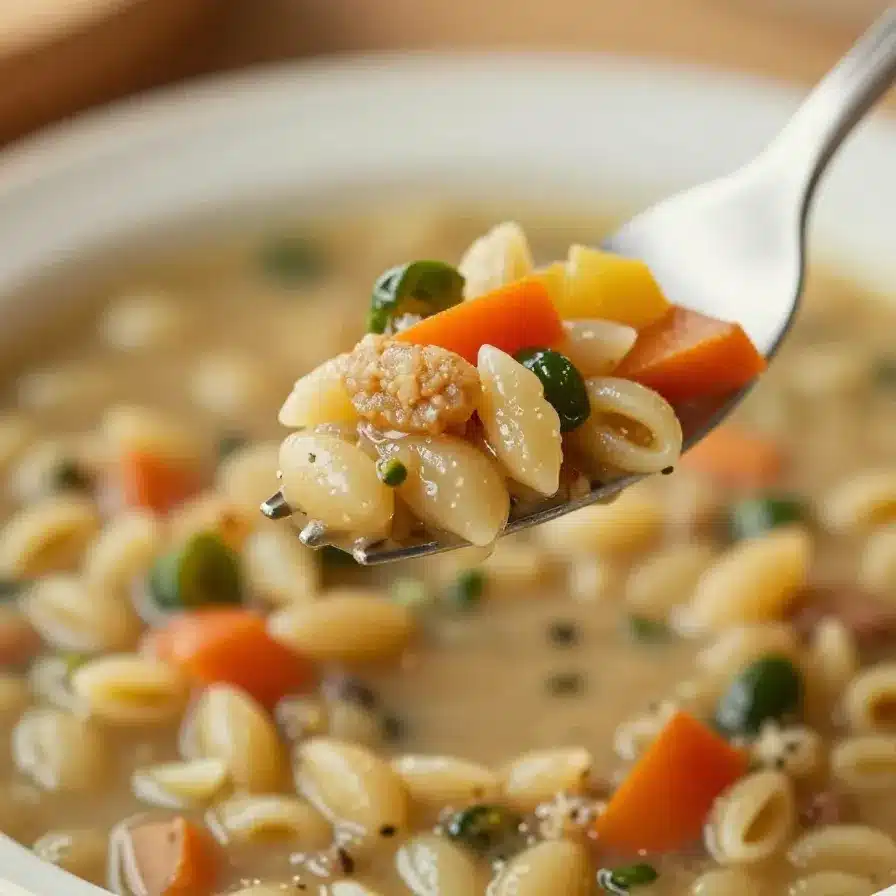 A bowl of classic minestrone soup with fresh vegetables and herbs.
