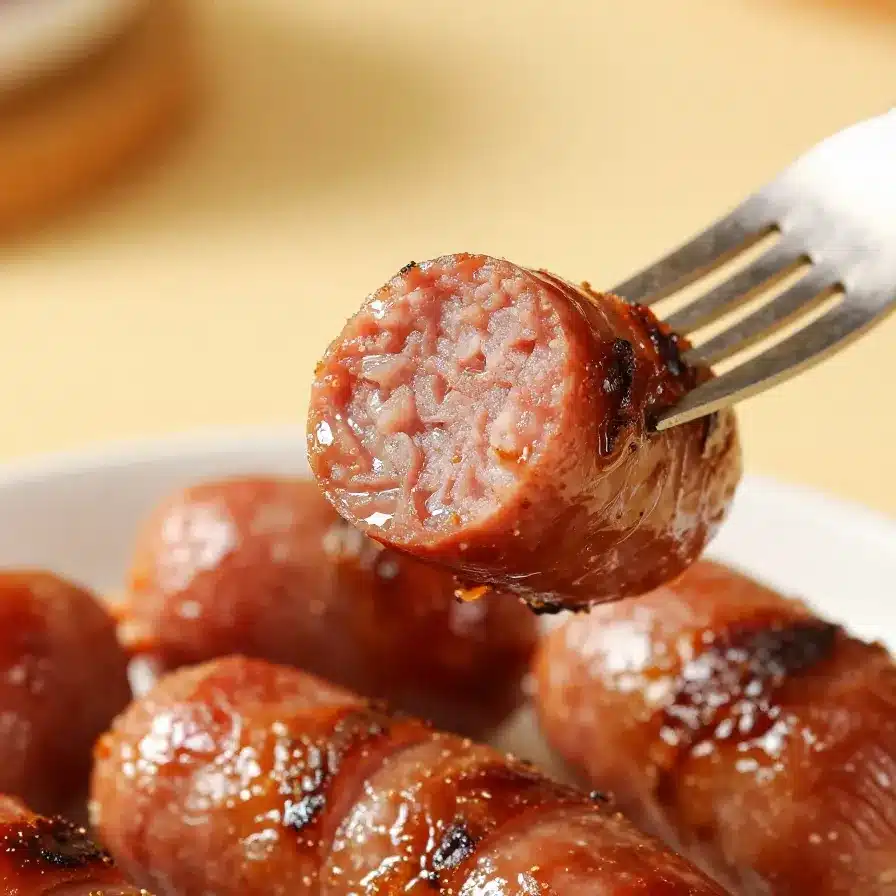 Close-up of BBQ sausage bites served on a wooden platter with dipping sauce.