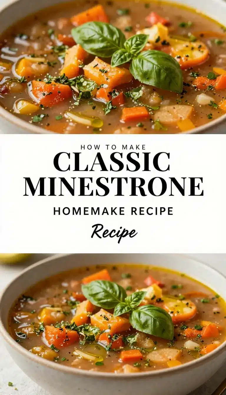 A bowl of classic minestrone soup with fresh vegetables and herbs.