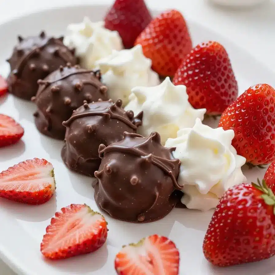 Close-up of chocolate-covered strawberry yogurt bites on a white plate.