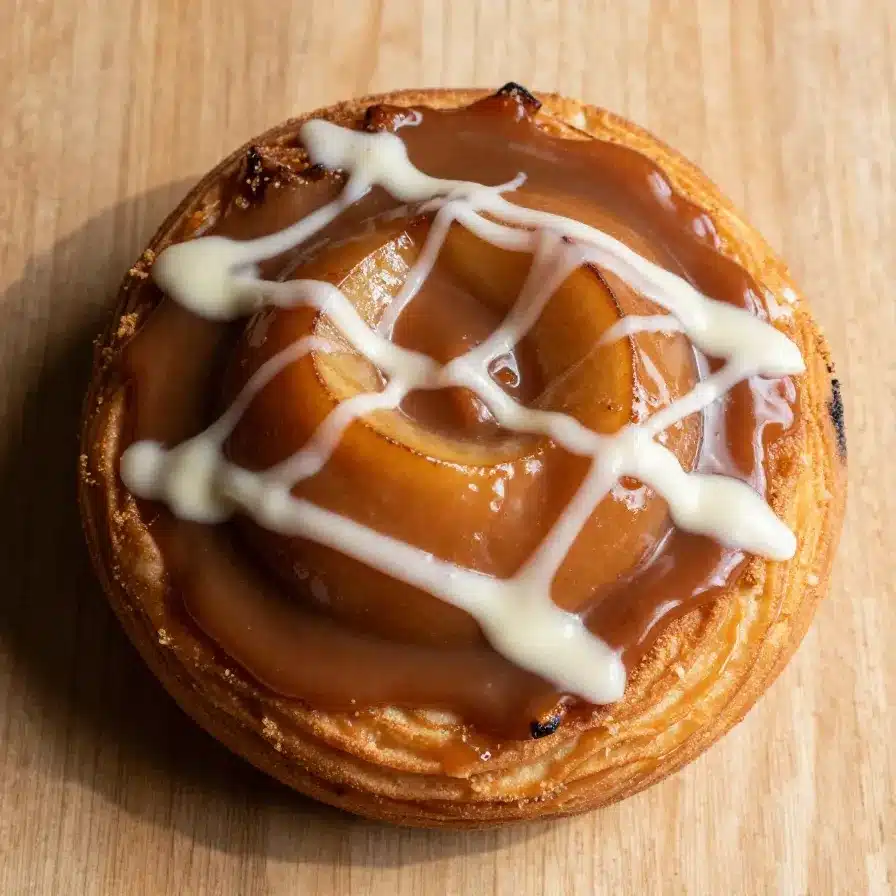 A freshly baked loaf of Amish apple fritter bread with a golden crust and glaze on top.