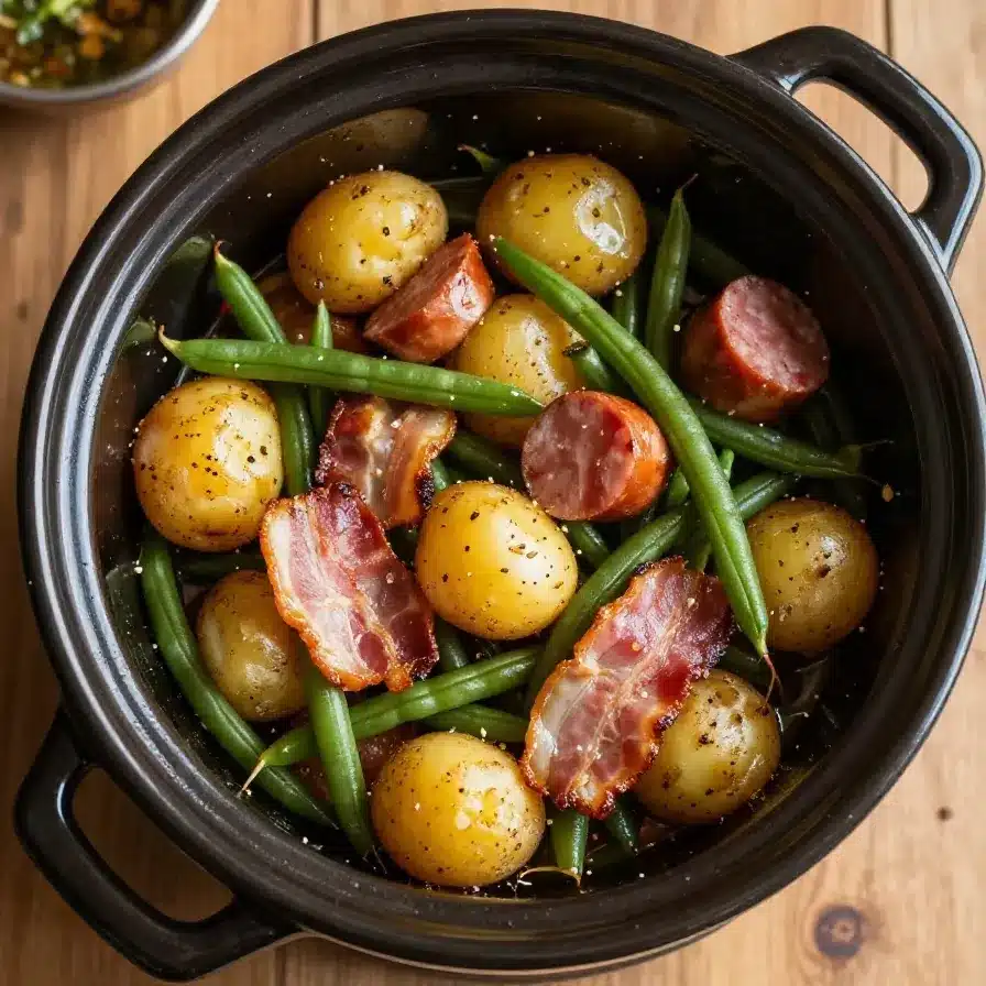 A hearty Southern dish featuring sausage, potatoes, and green beans cooked in a crock pot.