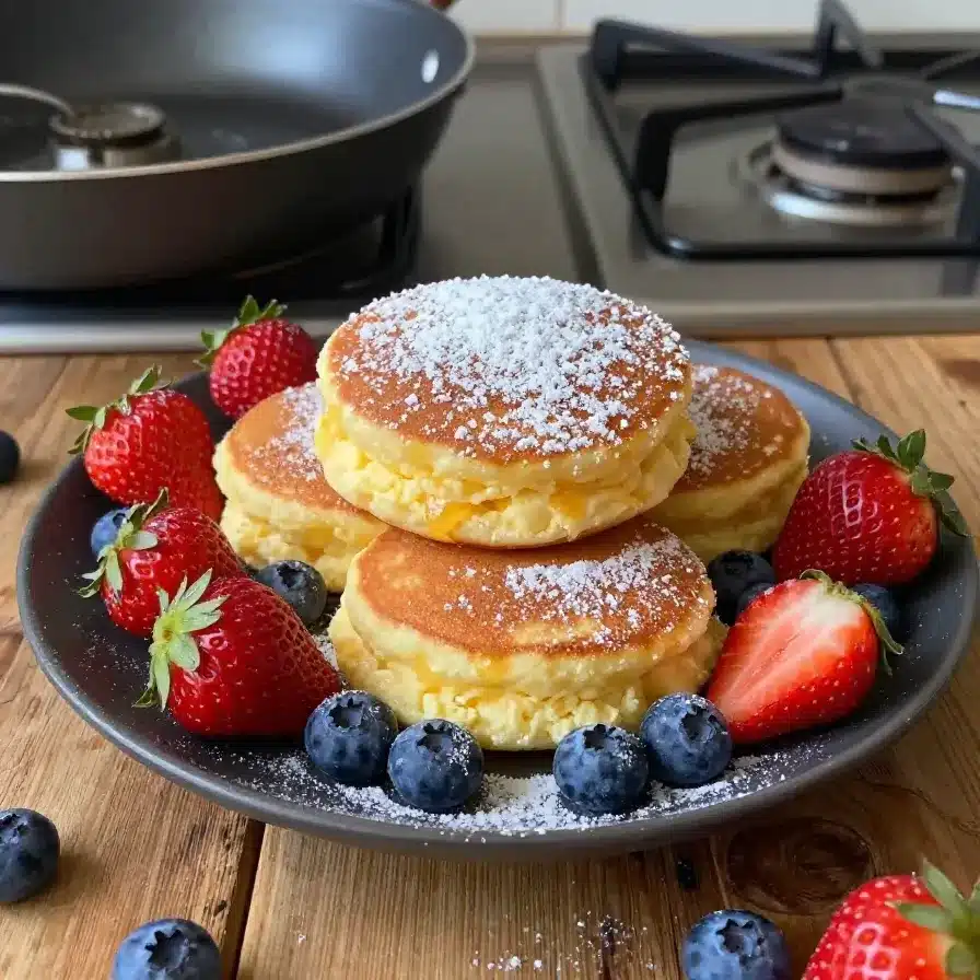 A stack of golden-brown cottage cheese pancakes served on a white plate with fresh berries and maple syrup.