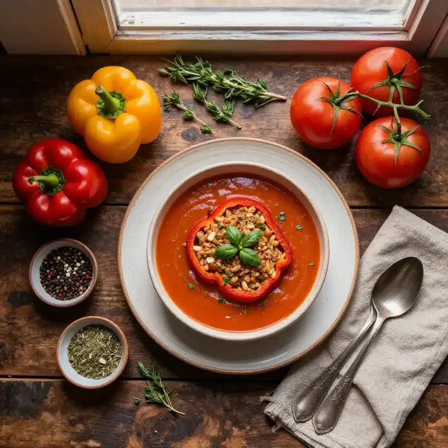 A bowl of hearty stuffed pepper soup with colorful bell peppers and ground meat.