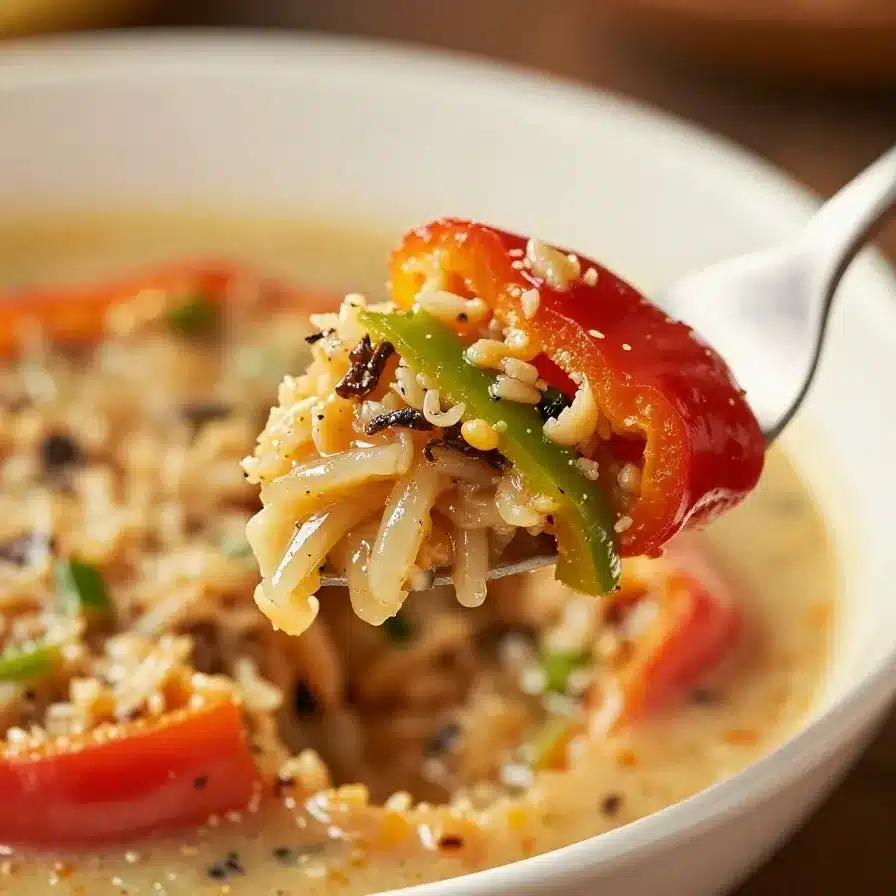 A bowl of hearty stuffed pepper soup with colorful bell peppers and ground meat.