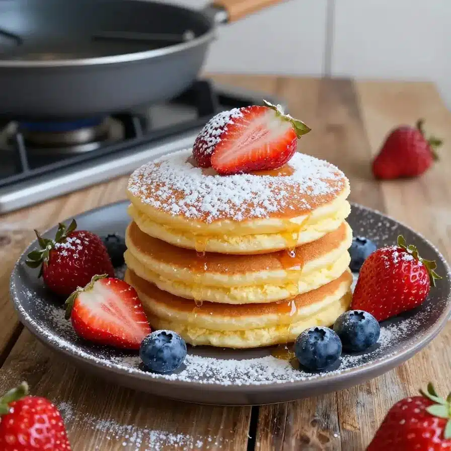 A stack of golden-brown cottage cheese pancakes served on a white plate with fresh berries and maple syrup.