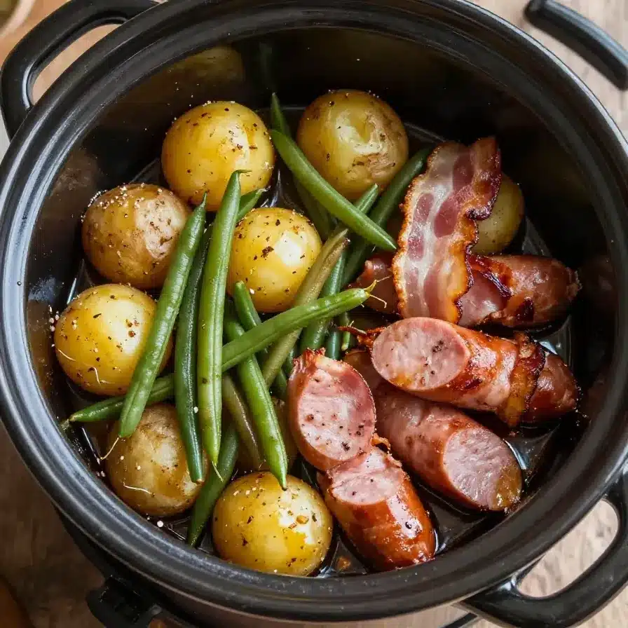 A hearty Southern dish featuring sausage, potatoes, and green beans cooked in a crock pot.