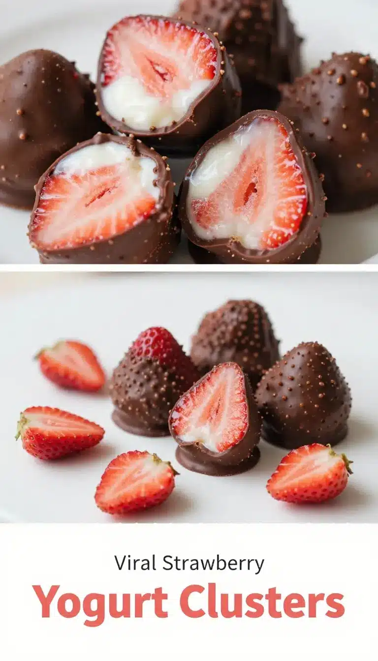 Viral TikTok Chocolate Strawberry Yogurt Bites - Healthy No Bake Dessert Recipe 5 Close-up of chocolate-covered strawberry yogurt bites on a white plate.