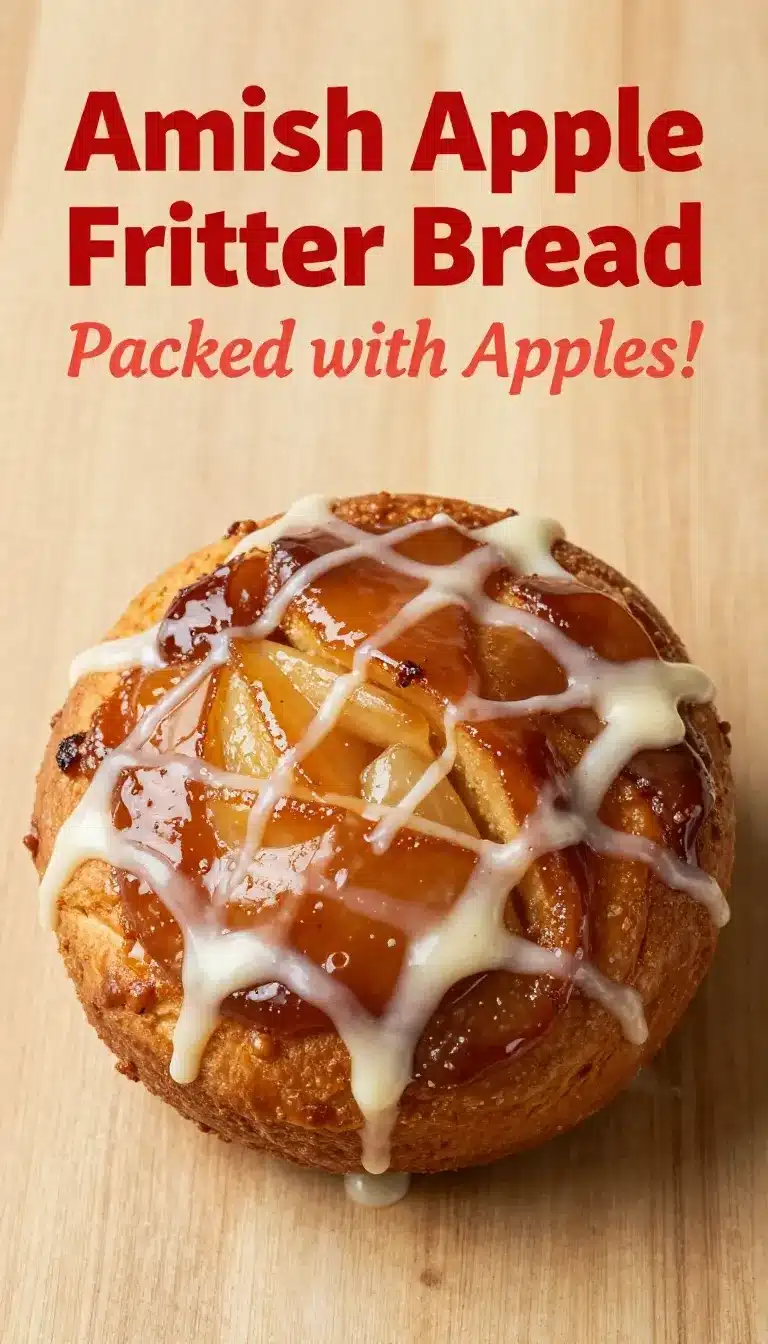 Easy Amish Apple Fritter Bread 5 A freshly baked loaf of Amish apple fritter bread with a golden crust and glaze on top.