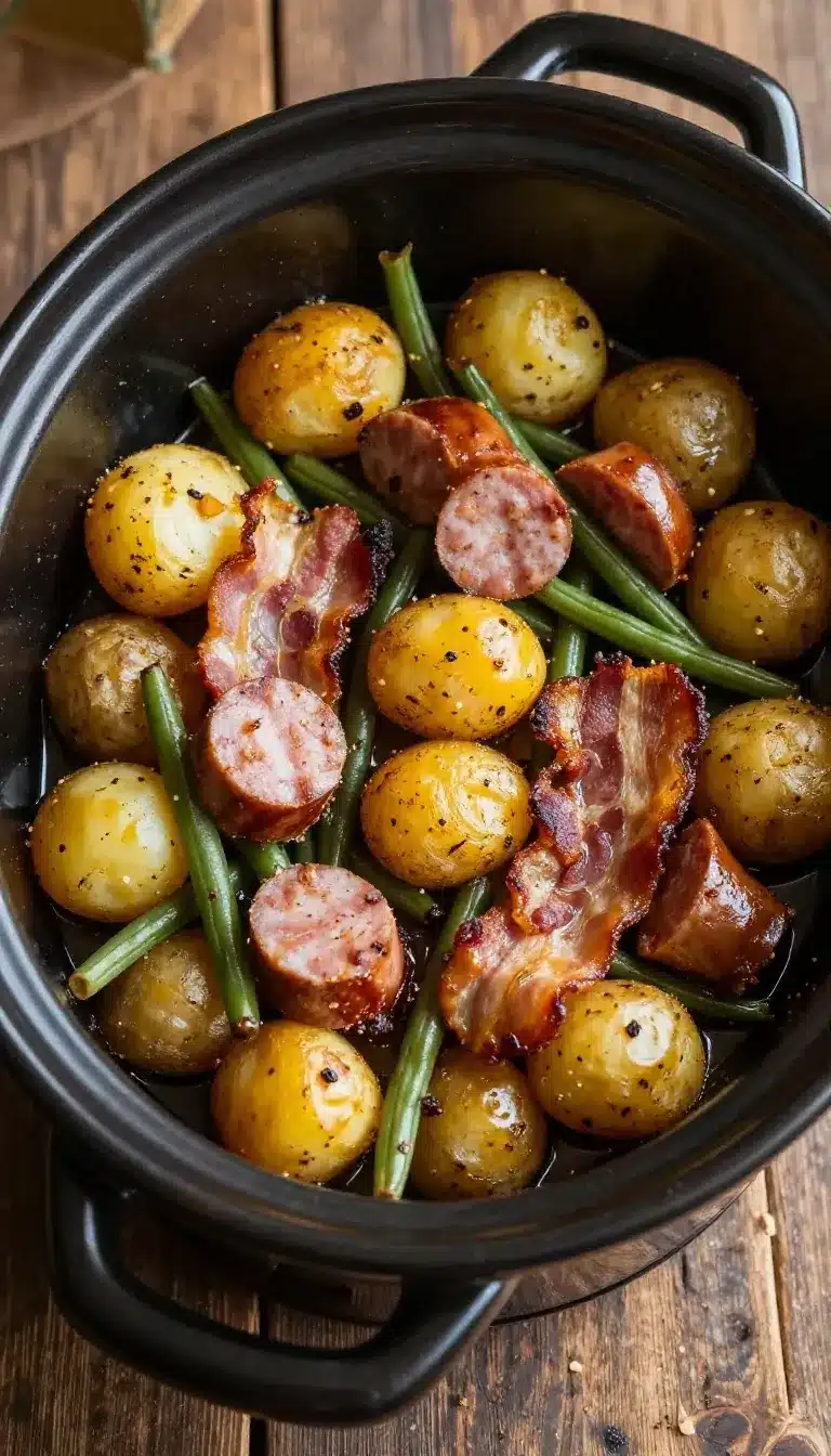 A hearty Southern dish featuring sausage, potatoes, and green beans cooked in a crock pot.