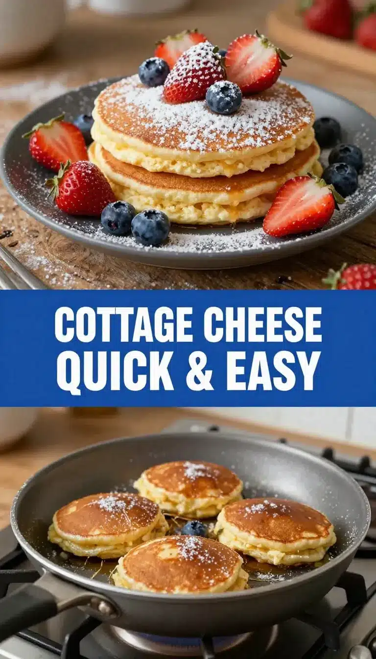 A stack of golden-brown cottage cheese pancakes served on a white plate with fresh berries and maple syrup.