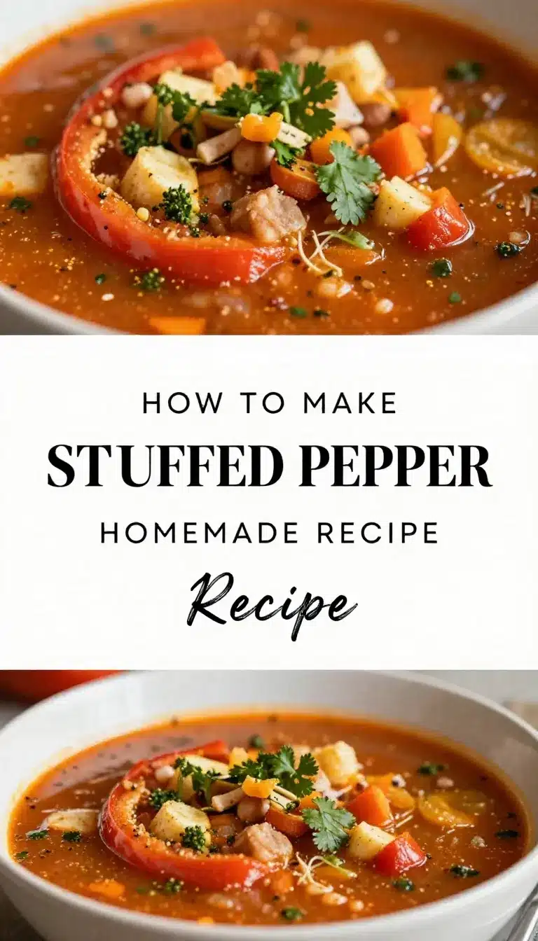 A bowl of hearty stuffed pepper soup with colorful bell peppers and ground meat.