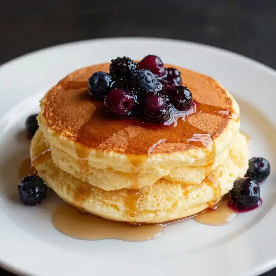 A stack of golden, fluffy Japanese soufflé pancakes topped with powdered sugar and fresh berries.