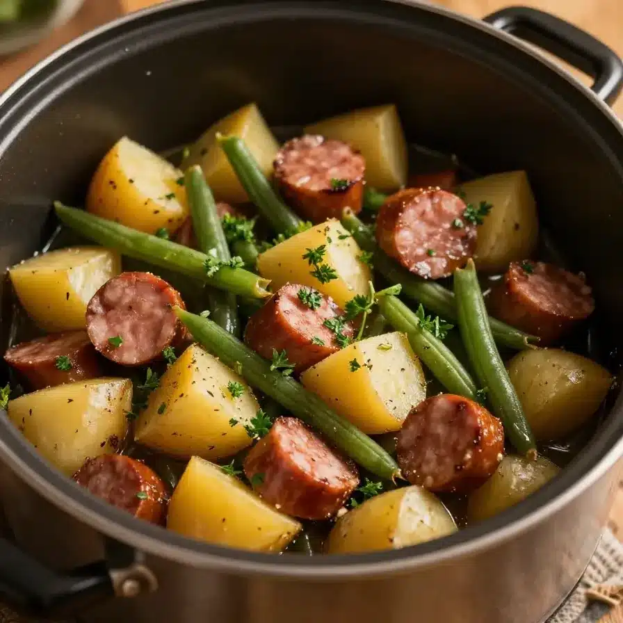 A bowl of swamp potatoes cooked in a crock pot, served with herbs.