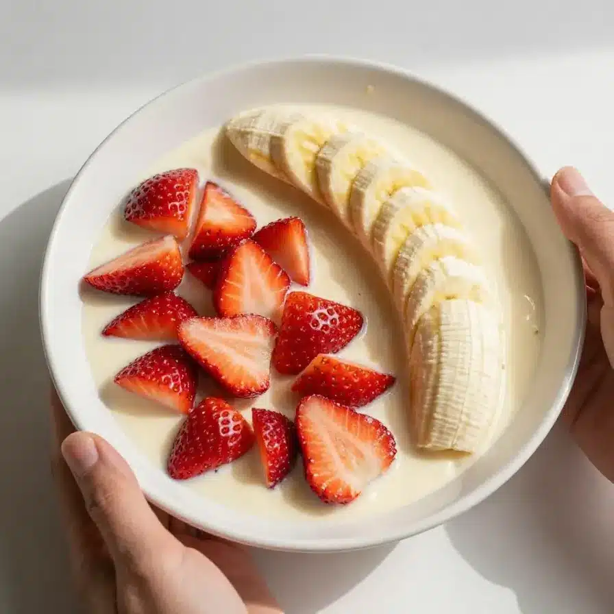 A plate of pancakes topped with fresh berries and syrup, served with a glass of orange juice.
