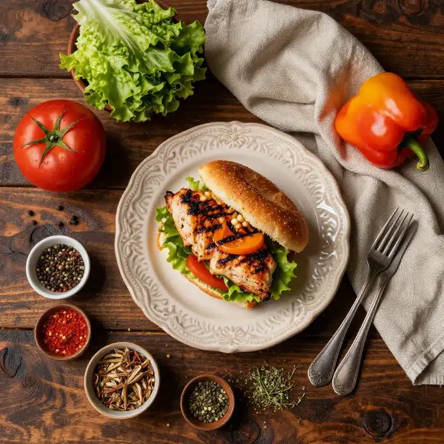 A close-up of a grilled chicken sandwich with fresh lettuce, tomato, and melted cheese served on a toasted bun.