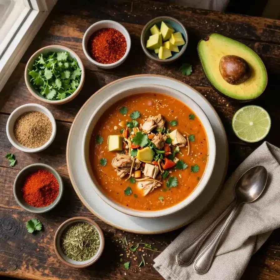 A bowl of hearty chicken enchilada soup topped with shredded cheese and fresh cilantro.