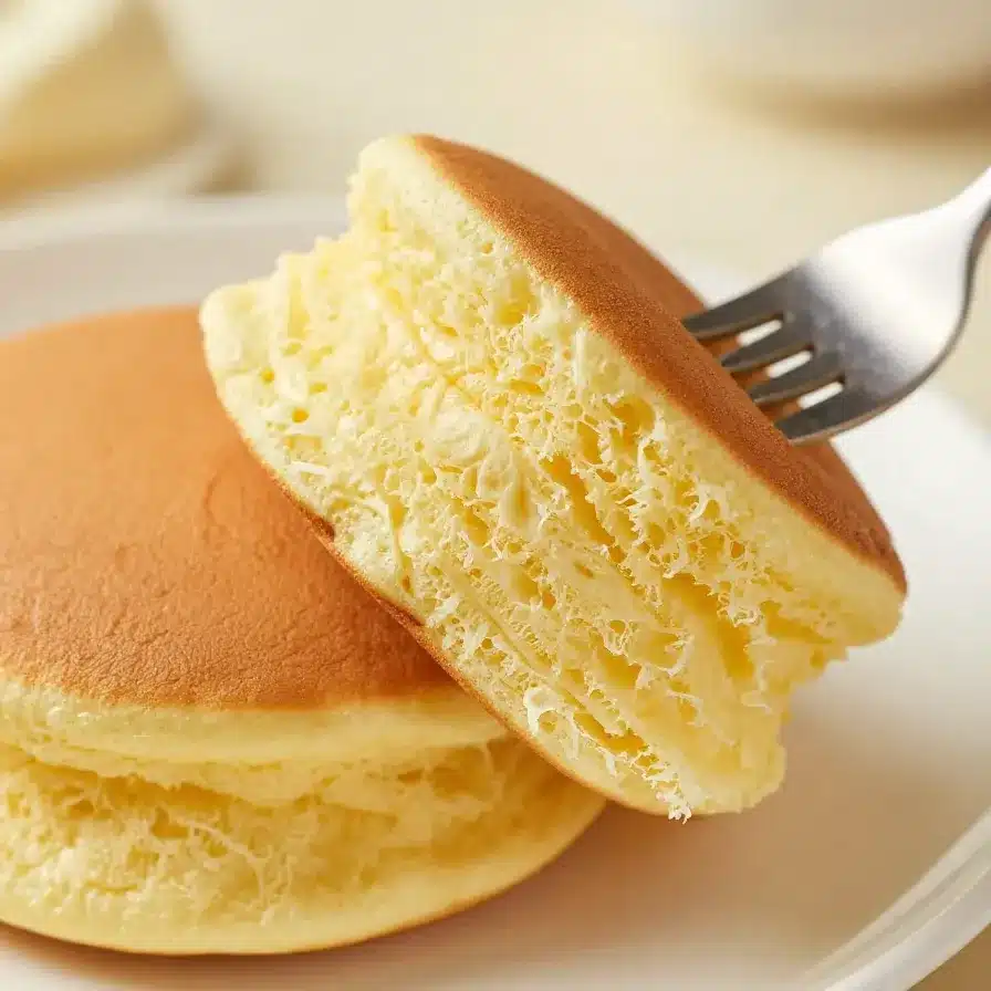 A stack of golden, fluffy Japanese soufflé pancakes topped with powdered sugar and fresh berries.