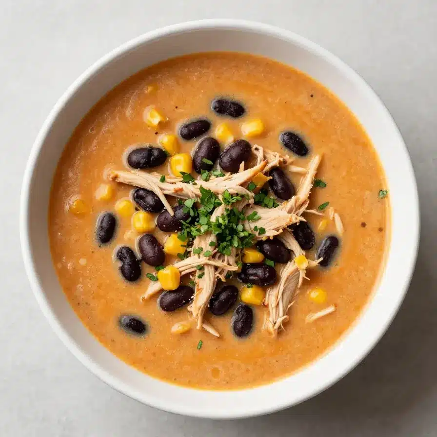 Chicken Enchilada Soup 1 A bowl of hearty chicken enchilada soup topped with shredded cheese and fresh cilantro.