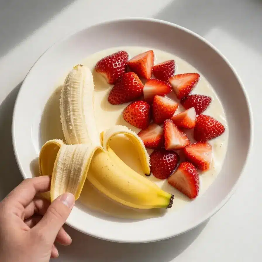 A plate of pancakes topped with fresh berries and syrup, served with a glass of orange juice.