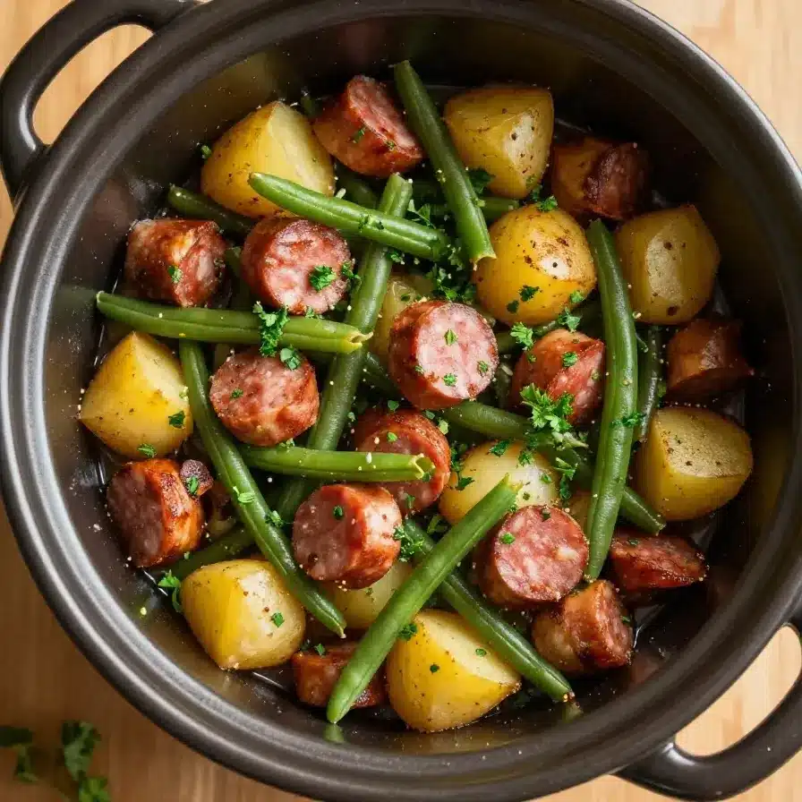 A bowl of swamp potatoes cooked in a crock pot, served with herbs.