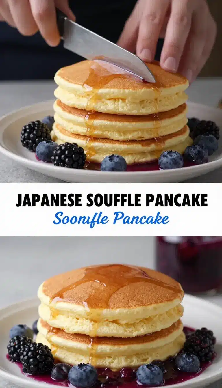 A stack of golden, fluffy Japanese soufflé pancakes topped with powdered sugar and fresh berries.