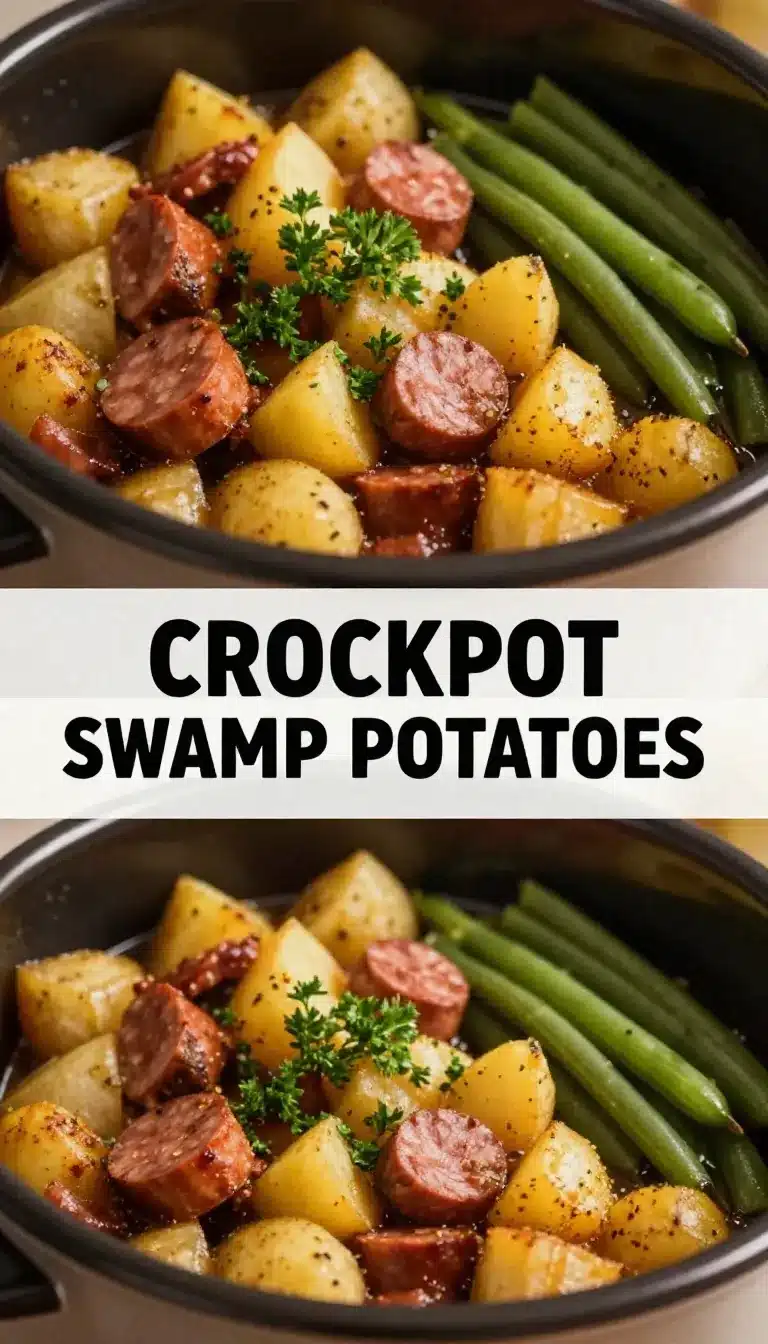 A bowl of swamp potatoes cooked in a crock pot, served with herbs.