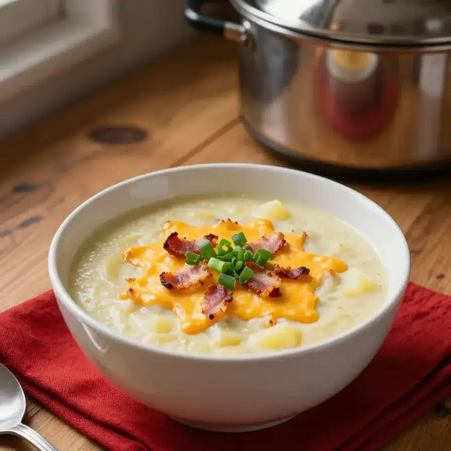 A bowl of creamy potato soup made with frozen hash browns, garnished with green onions.