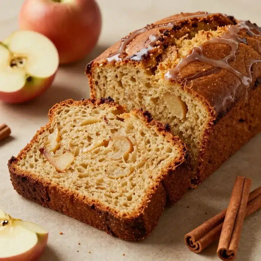A freshly baked loaf of moist cinnamon apple bread on a wooden cutting board.