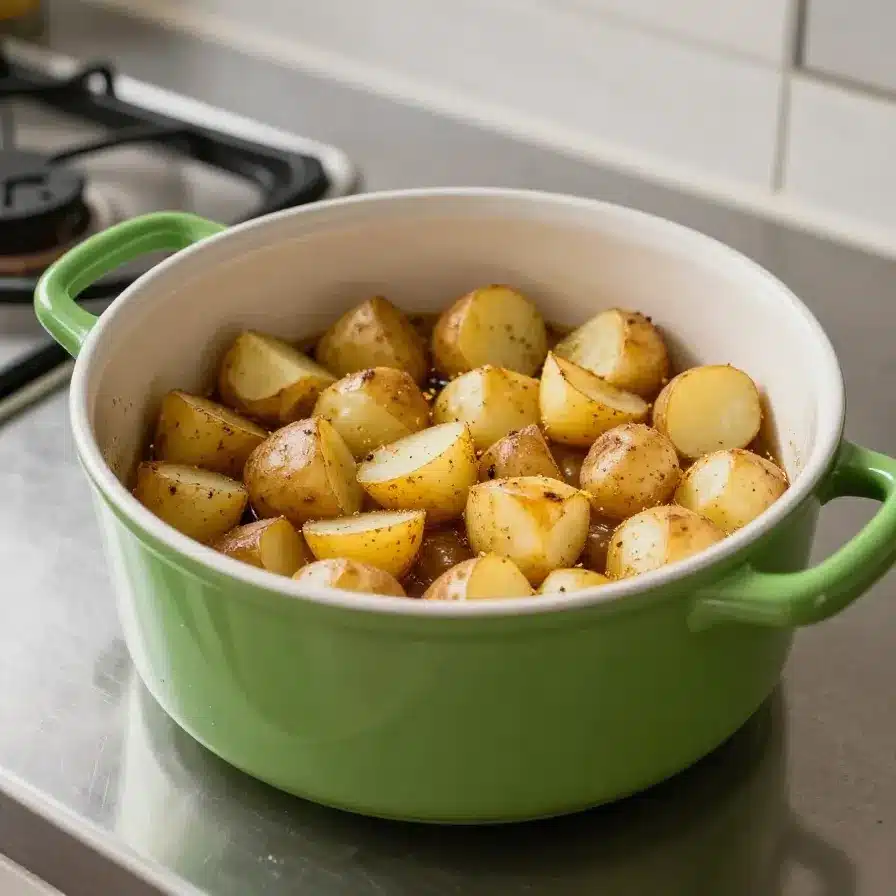 A bowl of swamp potatoes and sausage served with fresh herbs.