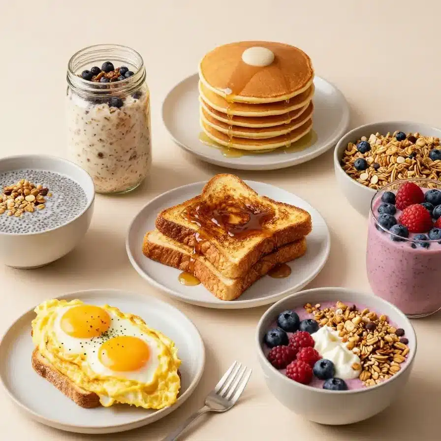 A nutritious breakfast featuring eggs, avocado, and whole-grain toast on a wooden table.