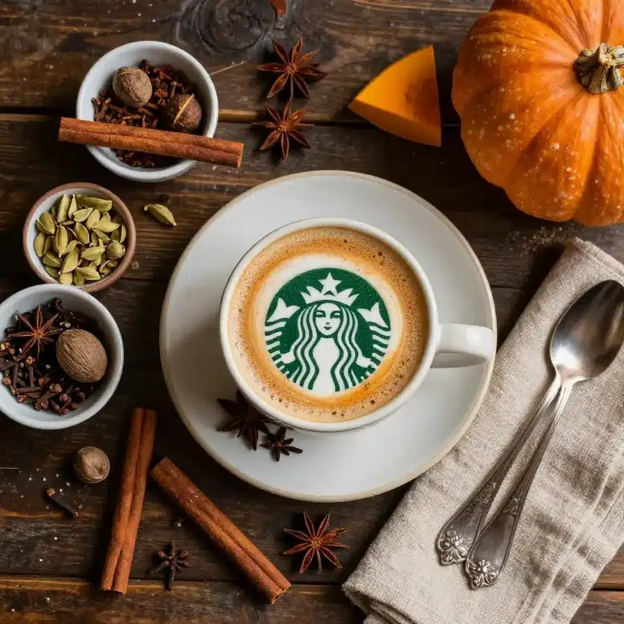 A close-up of a Starbucks Pumpkin Chai Latte with whipped cream and cinnamon topping.
