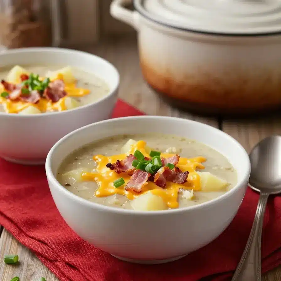 Easy Crockpot Potato Soup with Frozen Hash Browns—It's Gluten-Free! 2 A bowl of creamy potato soup made with frozen hash browns, garnished with green onions.