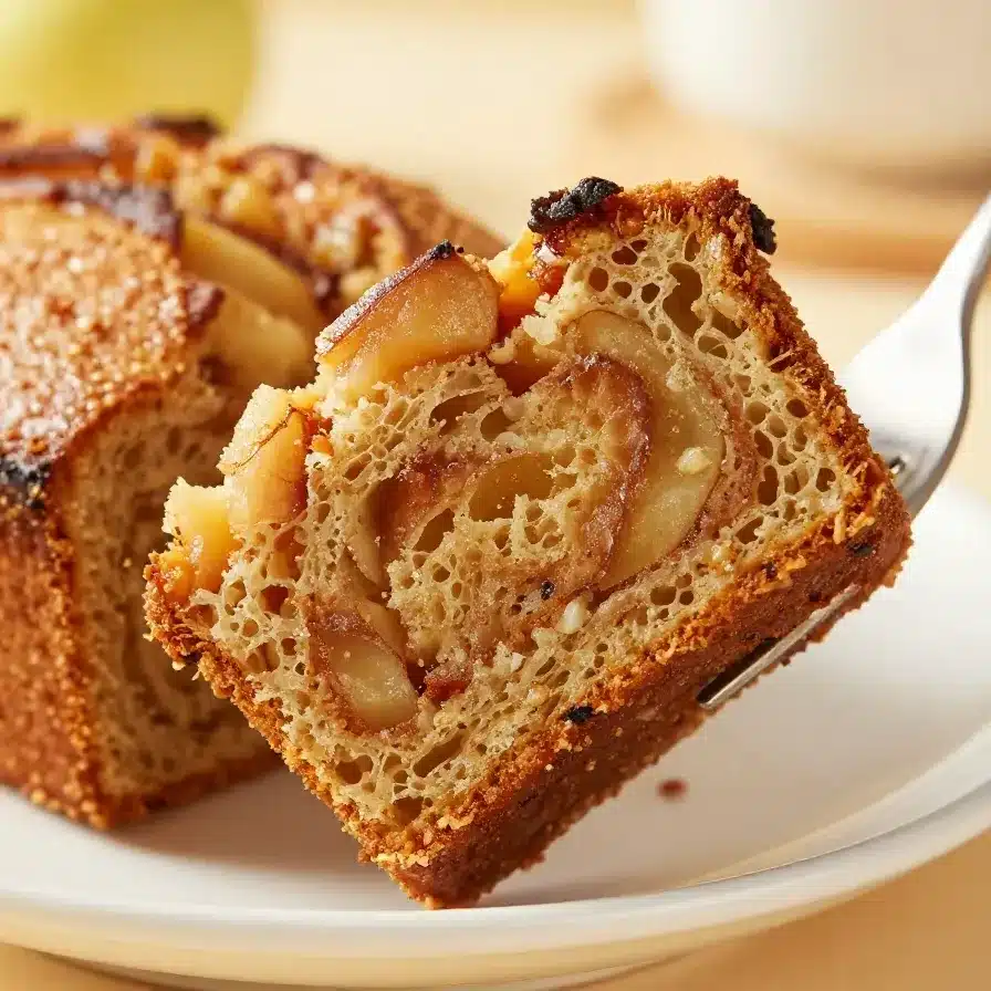 A freshly baked loaf of moist cinnamon apple bread on a wooden cutting board.