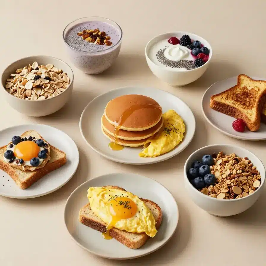 A nutritious breakfast featuring eggs, avocado, and whole-grain toast on a wooden table.