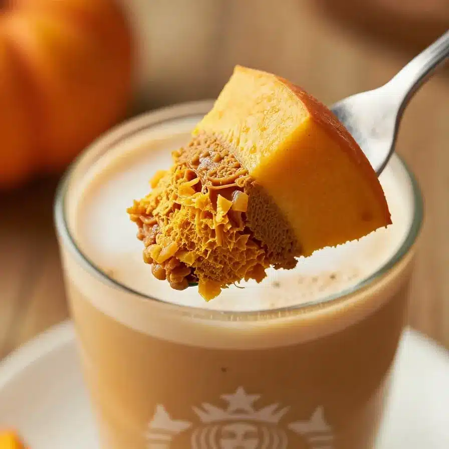 A close-up of a Starbucks Pumpkin Chai Latte with whipped cream and cinnamon topping.