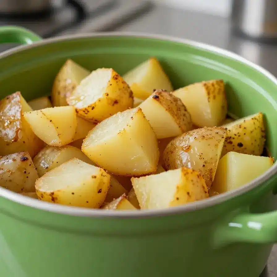 A bowl of swamp potatoes and sausage served with fresh herbs.
