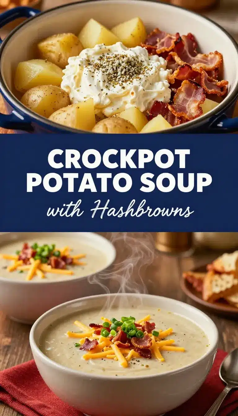 Easy Crockpot Potato Soup with Frozen Hash Browns—It's Gluten-Free! 5 A bowl of creamy potato soup made with frozen hash browns, garnished with green onions.