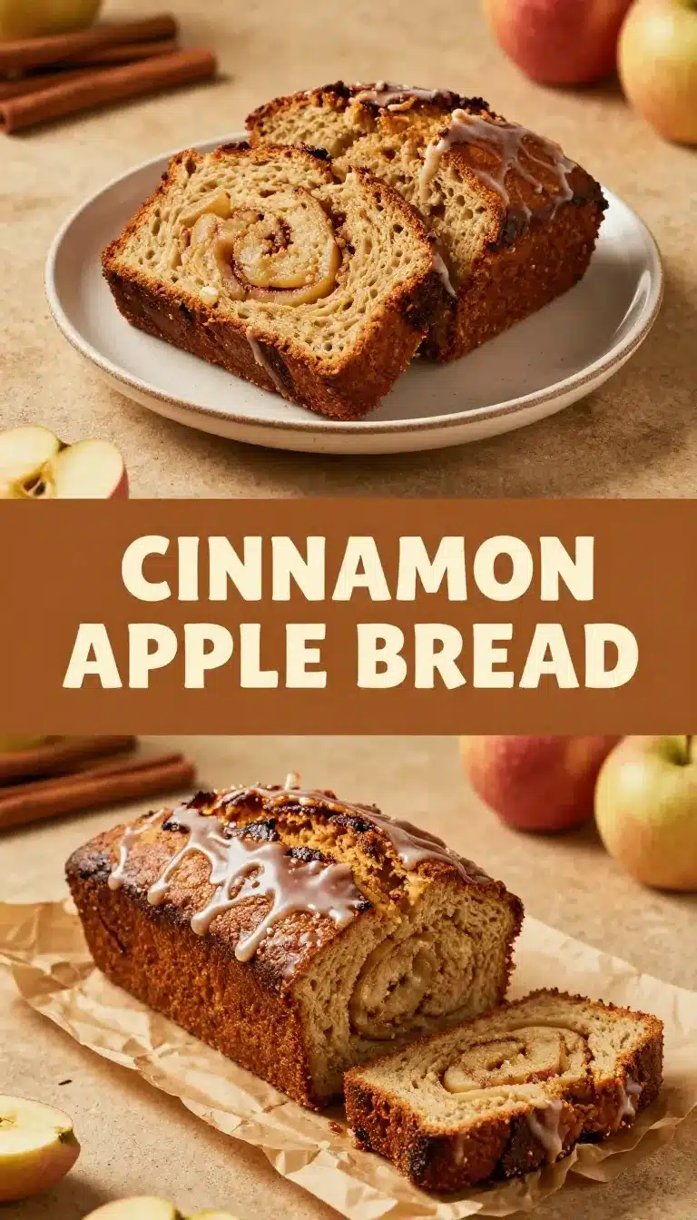 A freshly baked loaf of moist cinnamon apple bread on a wooden cutting board.