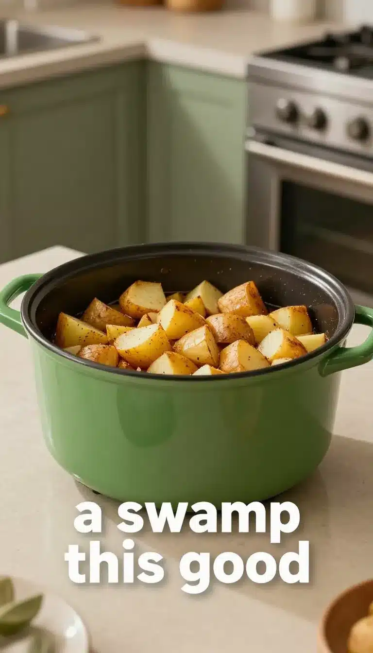 A bowl of swamp potatoes and sausage served with fresh herbs.