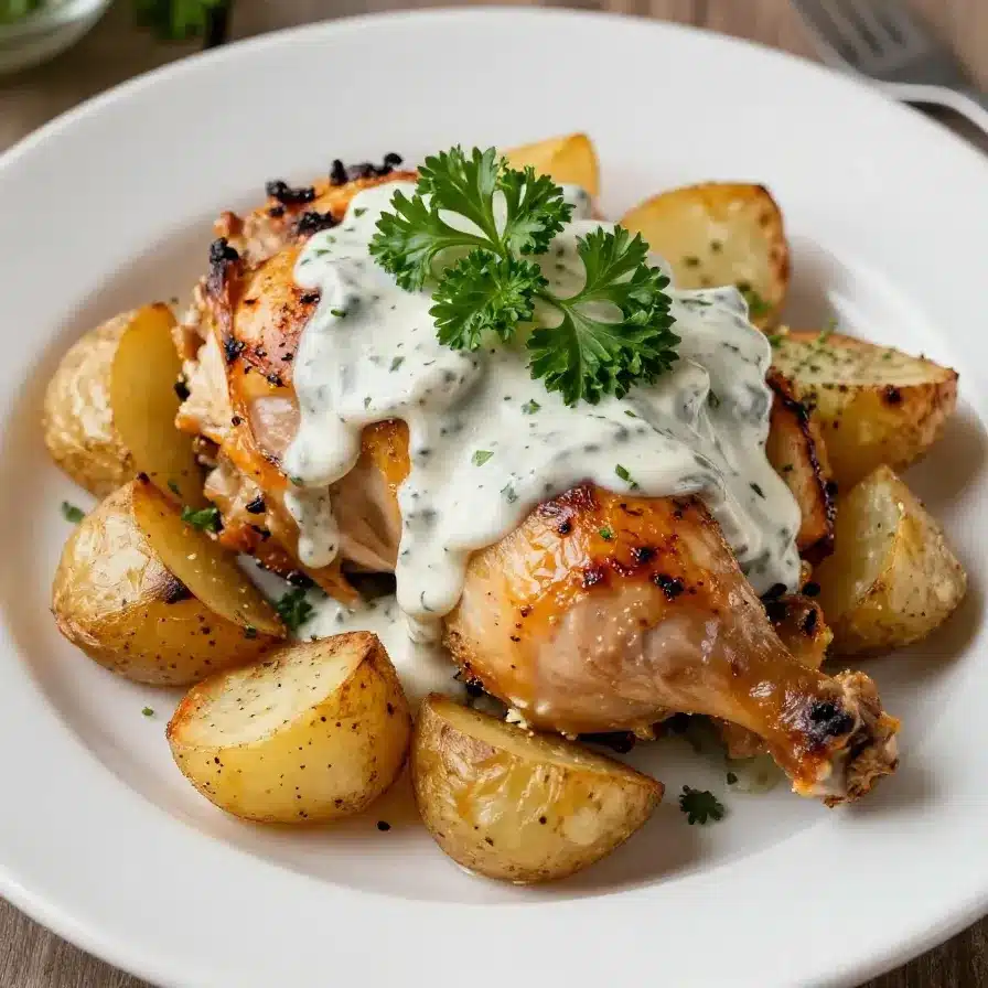 A slow cooker filled with cheesy ranch chicken and potatoes, ready to serve as an easy one-pot meal.