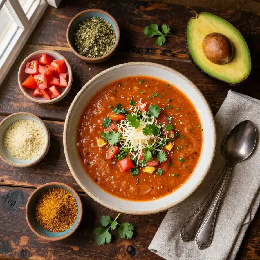 A bowl of hearty taco soup garnished with shredded cheese, sour cream, and fresh cilantro.