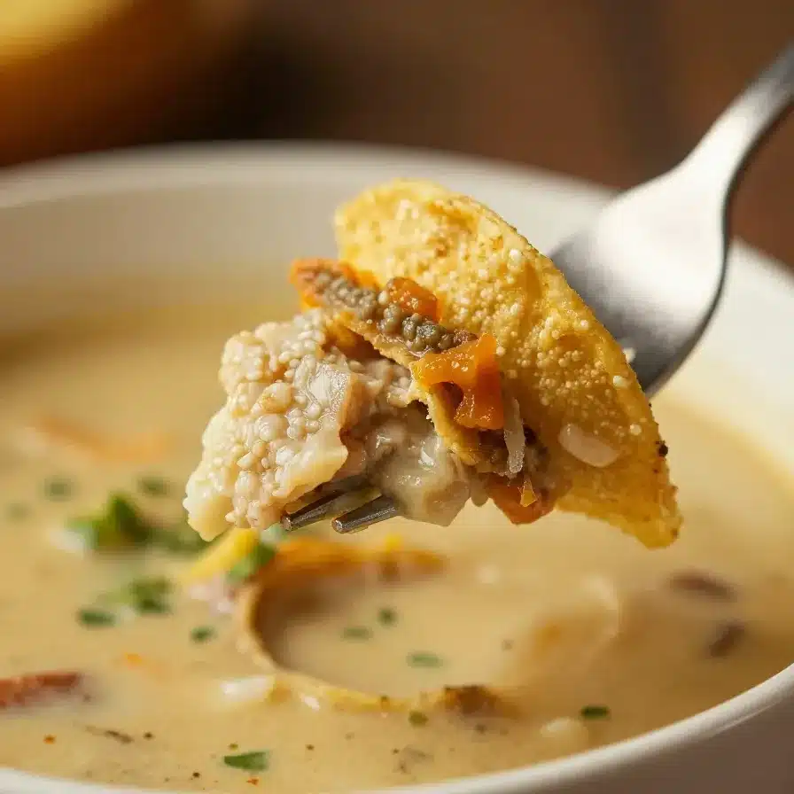 The Best Taco Soup Recipe 1 A bowl of hearty taco soup garnished with shredded cheese, sour cream, and fresh cilantro.