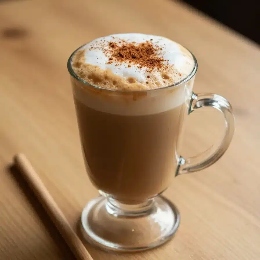 A glass of iced chai latte topped with creamy pumpkin cold foam on a wooden table.